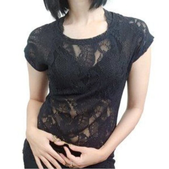 Reiss Lace Top Women's Small Short‎ Sleeves Sheer Goth Witchy Stretchy Black - Picture 1 of 10